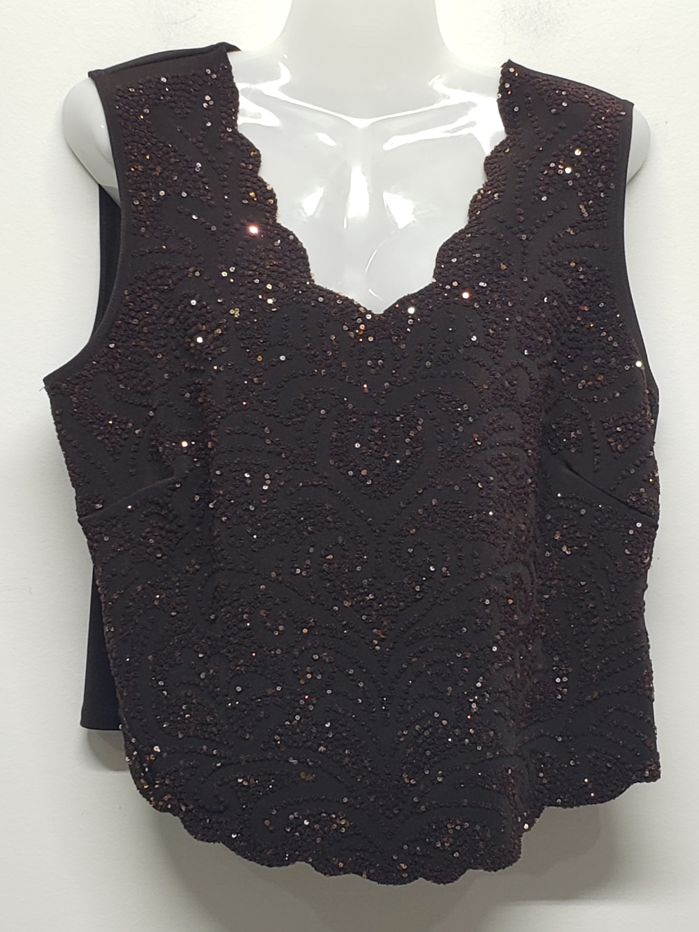 MSK Beaded Sequin Sleeveless Tank Top Scalloped Hem Size XL Brown Y2K Layering